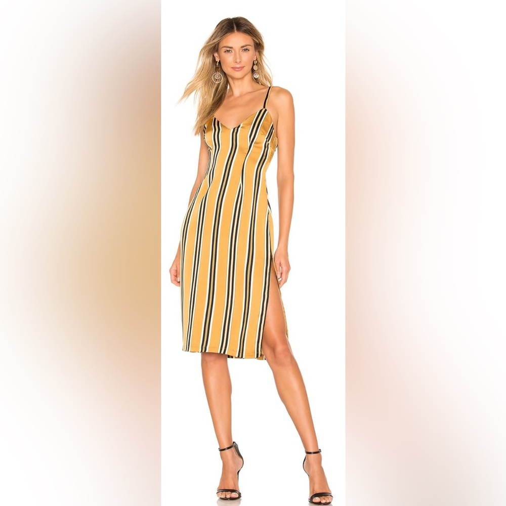 Superdown “Anita” Gold and Olive Green Stripe Slit Midi Dress XS
